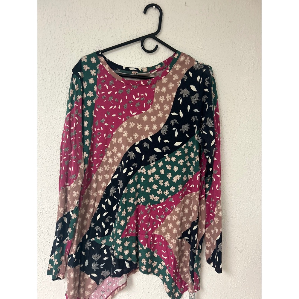 LOGO Lori Goldstein Mixed Floral Patchwork Long Sleeve Top Magenta Green 1X